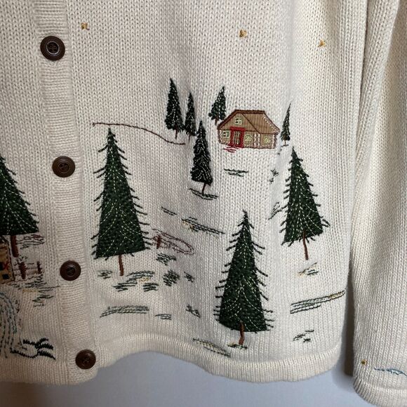 Christopher & Banks Winter Forest Cabin Full Button Sweater Cardigan Size L - Picture 5 of 14
